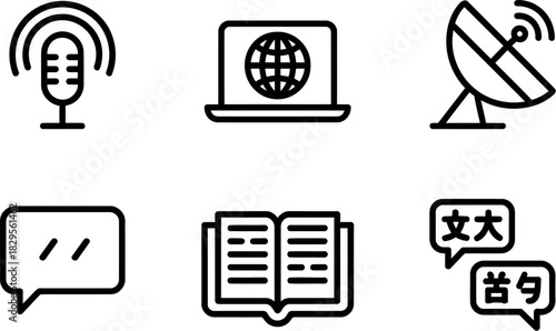 Global communication, education, language, media set.