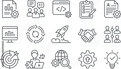 Business, technology, process, and strategy line icons.
