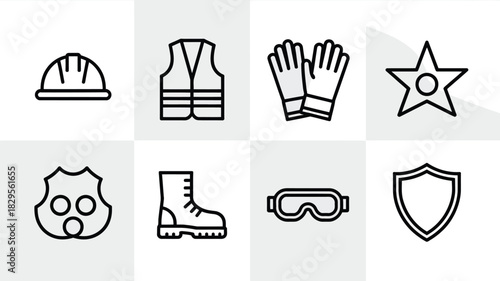 A set of safety equipment icons including a hard hat vest gloves star badge boot goggles and shield