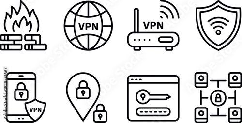 Cybersecurity and vpn network protection line icons