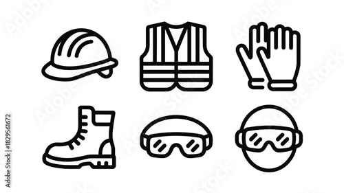 A collection of safety equipment icons including a hard hat vest gloves boots and safety glasses icon set