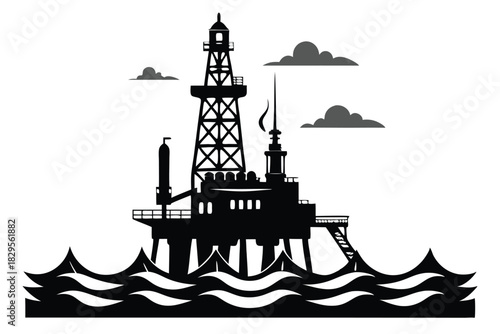 Black offshore oil platform silhouette stands against wave and cloud background