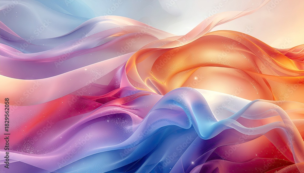 Fototapeta premium Abstract flowing waves of light and color in a gradient spectrum of pink orange blue and white with sparkling highlights and soft lighting