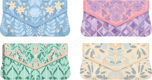 Set of Four Colorful Floral Pattern Clutch Purses in Pastel Shades