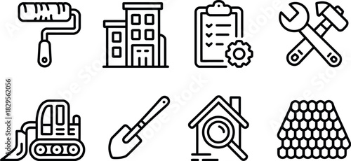 Home renovation, building, and repair outline icon set