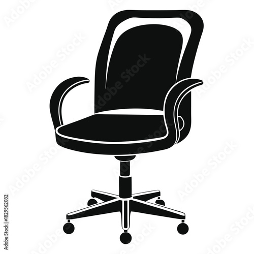 An office chair with armrests is illustrated in silhouette on a white backdrop