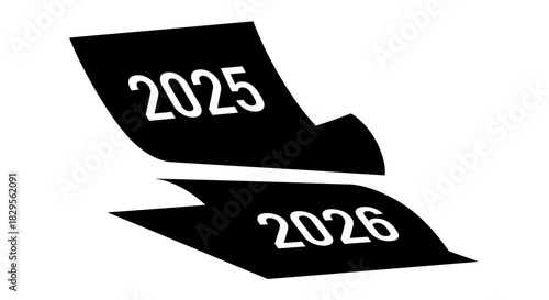 Illustration of two pages with the years 2025 and 2026 printed on them, in black and white.