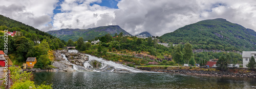Large panoramic view of the Waterfall in Hellesylt. North Norway