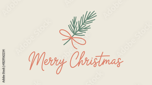 Merry christmas greeting card with a pine branch tied with a bow on a light beige background