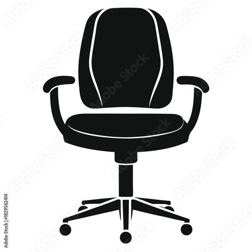Black office chair with armrests and five rolling wheels on a white background
