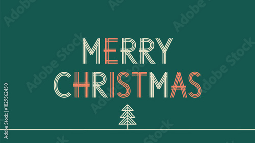 Merry christmas greeting card with a christmas tree on a dark green background with horizontal lines