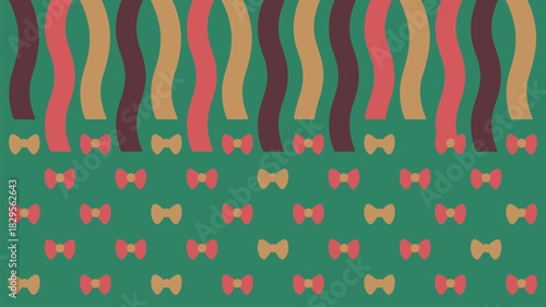 A green background with rows of bows and wavy stripes in brown tan and red colors arranged neatly