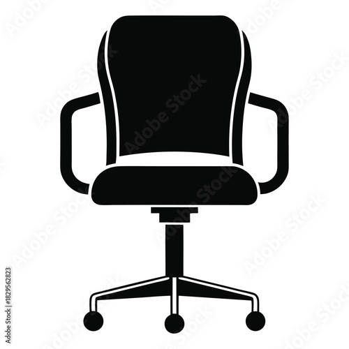 A black office chair with armrests sits upright against a white background