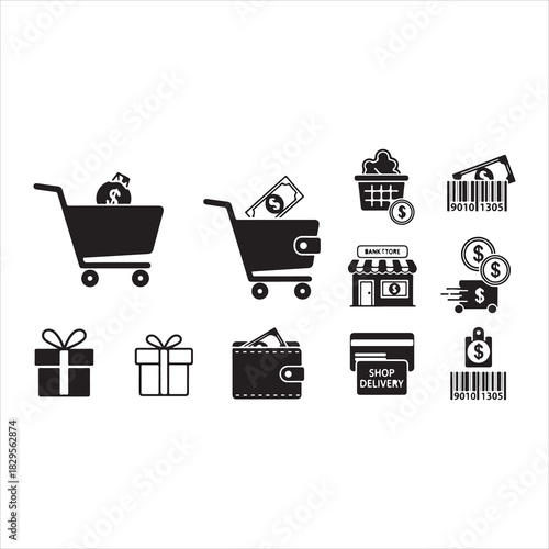 Shopping Icons Silhouette | Cart, Trolley, Wallet, Card, Store, Money, Gift, Delivery & Barcode Vector Set