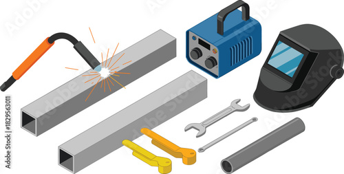 Isometric welding equipment tools metalwork workshop welder kit steel pipes welding machine safety helmet illustration industrial fabrication process