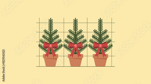 Three small christmas trees in terracotta pots with red bows on a grid background, festive holiday scene