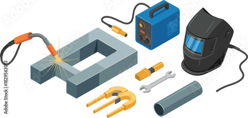 Isometric welding equipment tools metalwork workshop welder kit steel pipes welding machine safety helmet illustration industrial fabrication process