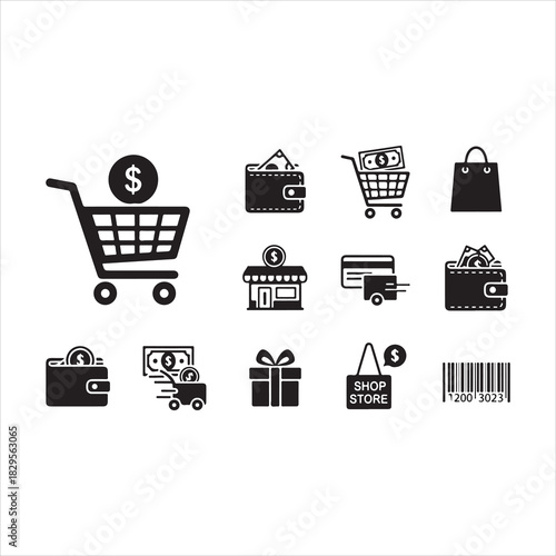 Shopping Icons Silhouette | Cart, Trolley, Wallet, Card, Store, Money, Gift, Delivery & Barcode Vector Set