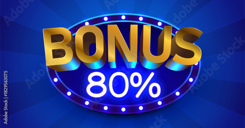 Bonus 80 percents neon sign on blue background, ideal for casino, promotions, and special offers. Vector illustration.