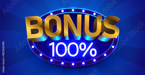 Bonus 100 percents neon sign on blue background, ideal for casino, promotions, and special offers. Vector illustration.