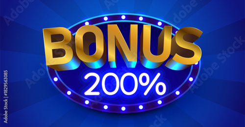 Bonus 200 percents neon sign on blue background, ideal for casino, promotions, and special offers. Vector illustration.