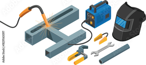 Isometric welding equipment tools metalwork workshop welder kit steel pipes welding machine safety helmet illustration industrial fabrication process