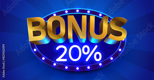 Bonus 20 percents neon sign on blue background, ideal for casino, promotions, and special offers. Vector illustration.