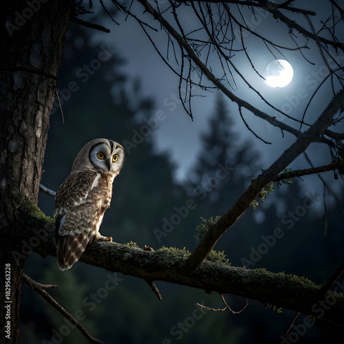 An owl perched on a forest branch at night, illuminated softly,