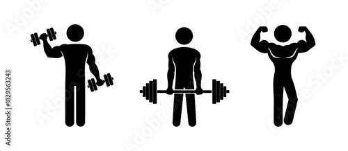 Muscular Stick Figure Icons Doing Weightlifting and Bodybuilding Poses.