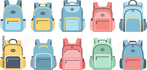 Colorful School Backpacks in Row for Kids and Students