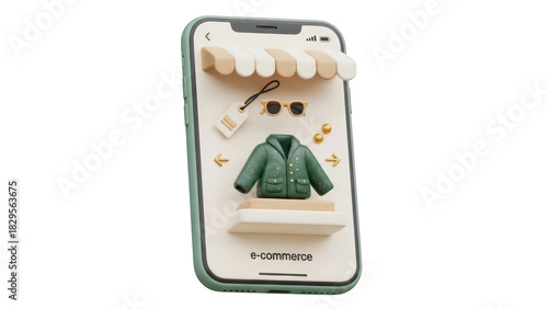 3d miniature online shopping concept with green jacket display on smartphone screen isolated on transparent background