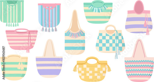 Colorful Striped Beach Bags Set with Tassels in Pastel Shades for Summer Vacation