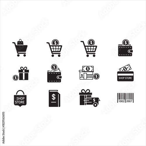 Shopping Icons Silhouette | Cart, Trolley, Wallet, Card, Store, Money, Gift, Delivery & Barcode Vector Set