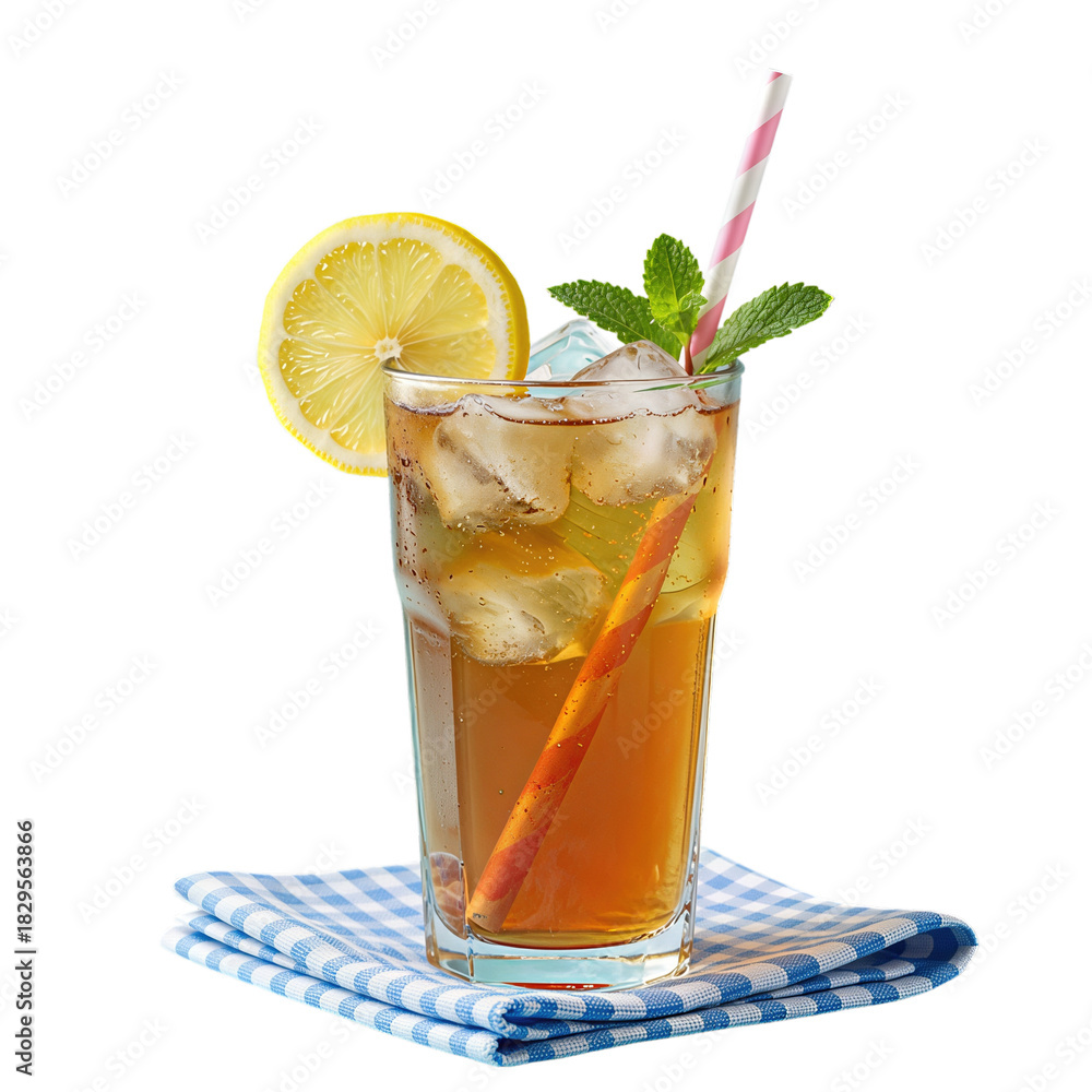 Fototapeta premium Refreshing Iced Tea with Lemon and Mint on Checkered Napkin