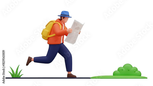 3d rendering of a male traveler or hiker with backpack and hat running while looking at a folded paper map, isolated on transparent background