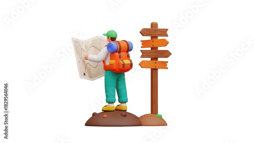 Fototapeta Naklejka Na Ścianę i Meble -  3d rendering of a male hiker with orange backpack reading a paper map next to a wooden directional signpost isolated on transparent background