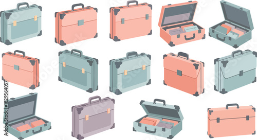 Colorful Vintage Suitcases in Different Angles and Open Cases on White Background