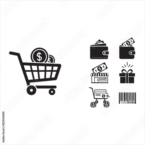 Shopping Icons Silhouette | Cart, Trolley, Wallet, Card, Store, Money, Gift, Delivery & Barcode Vector Set