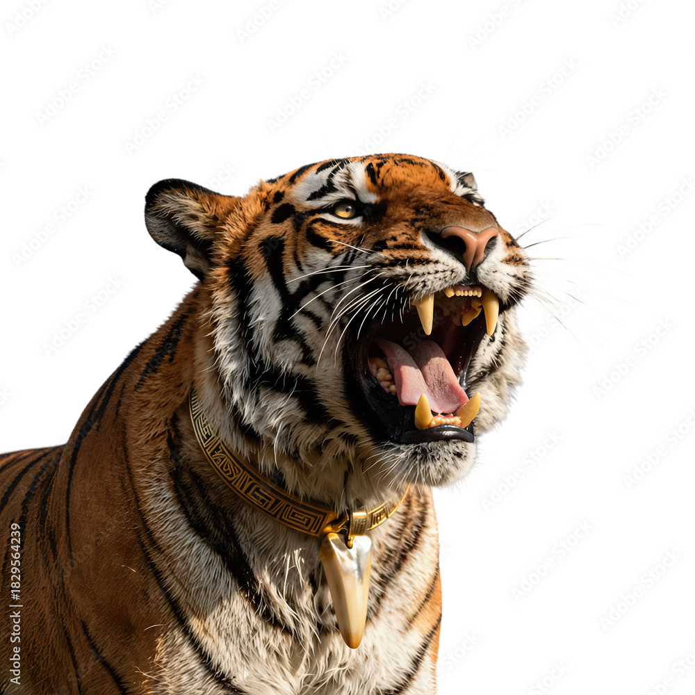 Fototapeta premium Roaring tiger with golden collar and sharp fangs