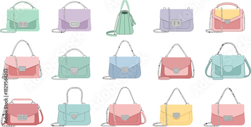 Collection of Colorful Fashion Handbags with Chain Straps on White Background
