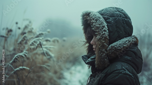 Young woman standing in snowy field with hooded jacket in winter  