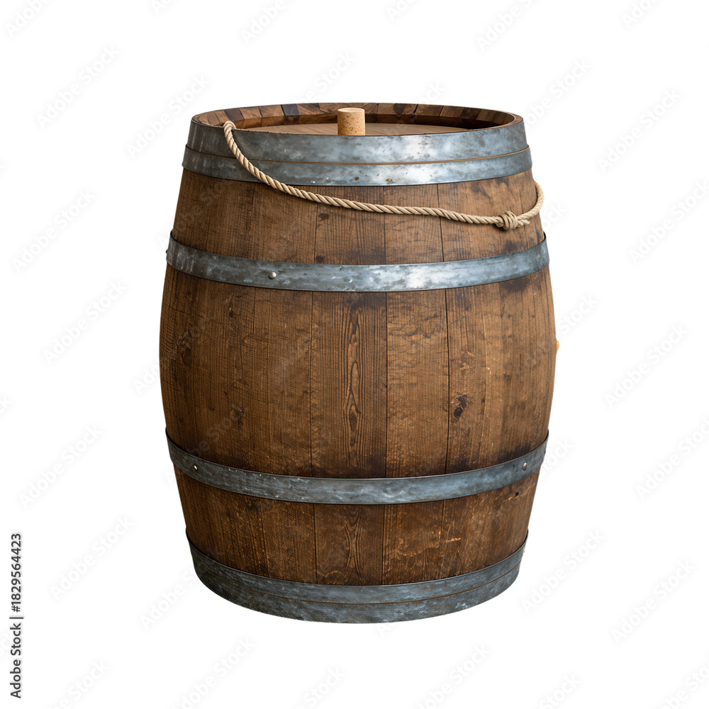 Obraz premium Rustic Wooden Barrel with Metal Bands and Rope Handle
