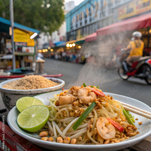 A flavorful Pad Thai dish featuring shrimp, peanuts, lime.