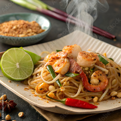A flavorful Pad Thai dish featuring shrimp, peanuts, lime.