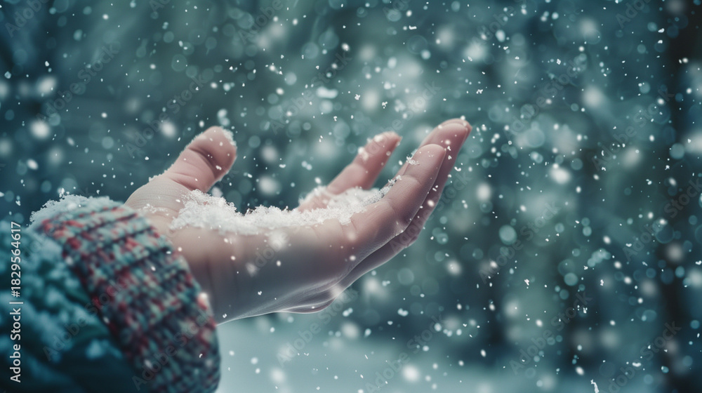 Fototapeta premium Hand catching snowflakes while snowing in winter forest 