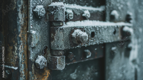 Rusty metal lock covered in frost on weathered door  