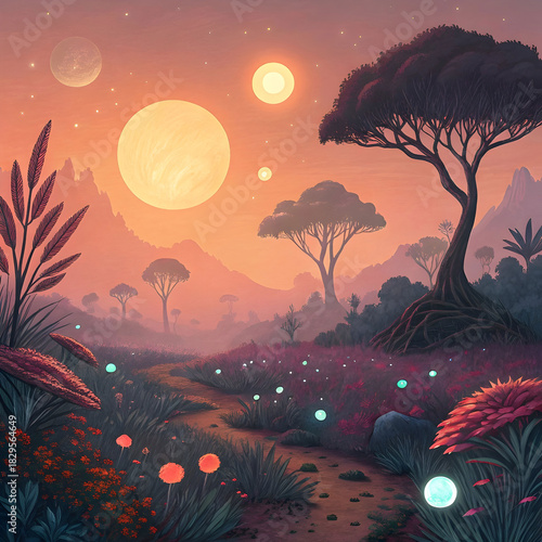 A surreal alien landscape featuring two suns and strange terrain.
