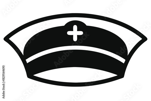 Black and white nurse cap icon featuring a white plus symbol design