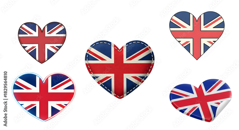 Fototapeta premium United Kingdom Flag Heart Icons Set – British Union Jack Symbol Collection