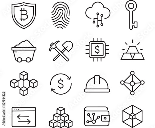 a collection of cryptocurrency related line icons including a bitcoin shield fingerprint cloud key mining tools and blockchain structure on transparent background silhouette high quality professional